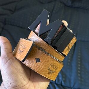 MCM Reversible Cognac Leather Belt with Bold Black Buckle